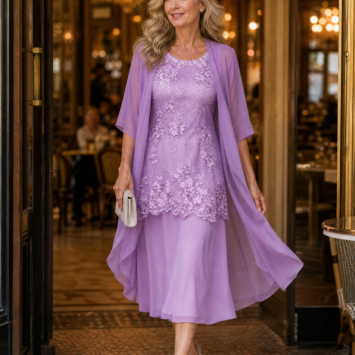 Lunavia - Women's Floral Lace Dress Set with Chiffon Shawl