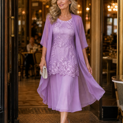 Lunavia - Women's Floral Lace Dress Set with Chiffon Shawl