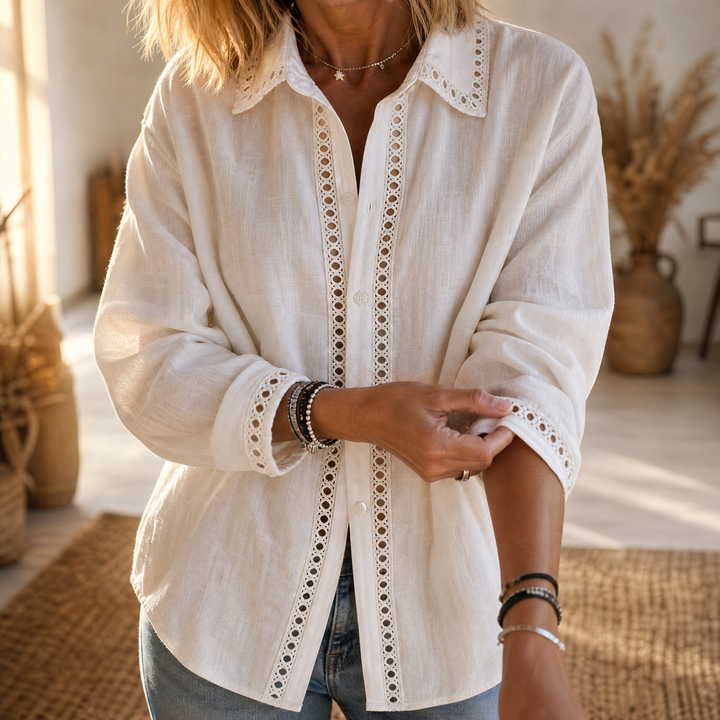 Lunavia - Women's Eyelet Trim Button-Down Blouse