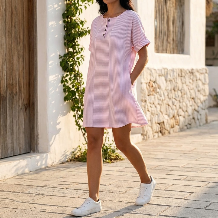 Lunavia™ - Striped Button-Placket Mini Dress with Pockets
