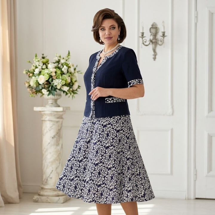 Maelyn™ Elegant Navy Floral Dress with Built-in Jacket