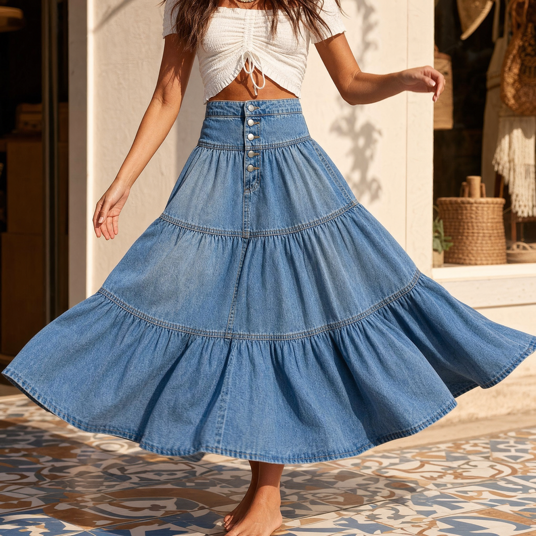Soléra - Women's Soft Button-Front Denim Maxi Skirt