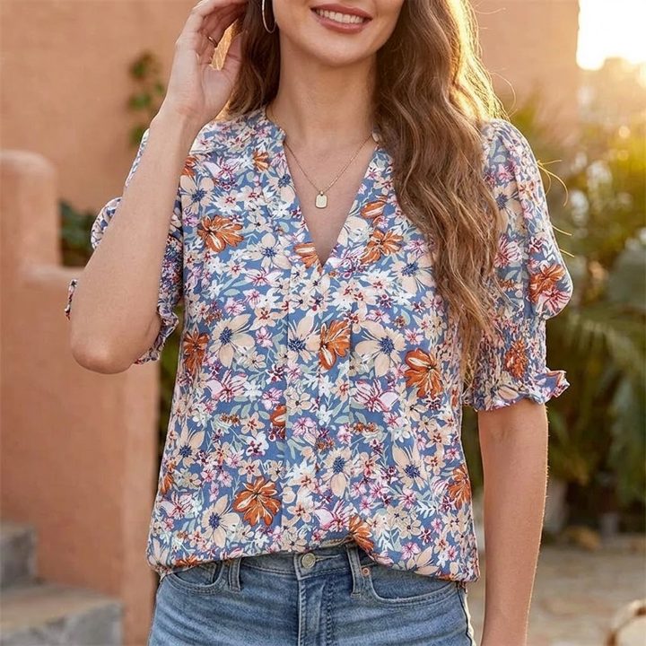 Florenza™ – Floral Puff Sleeve V-Neck Blouse