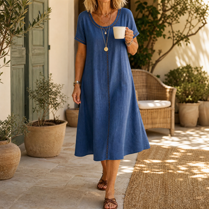 Lunavia - Women's Eyelet Trim Linen Midi Dress