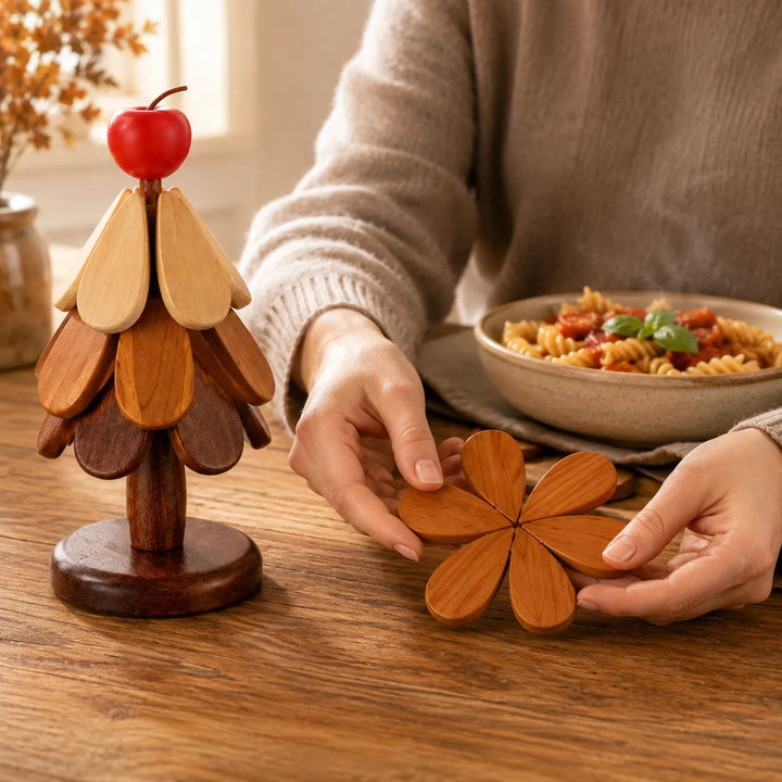 Pinecrest – Wooden Look Christmas Tree Trivet Set with Gravity