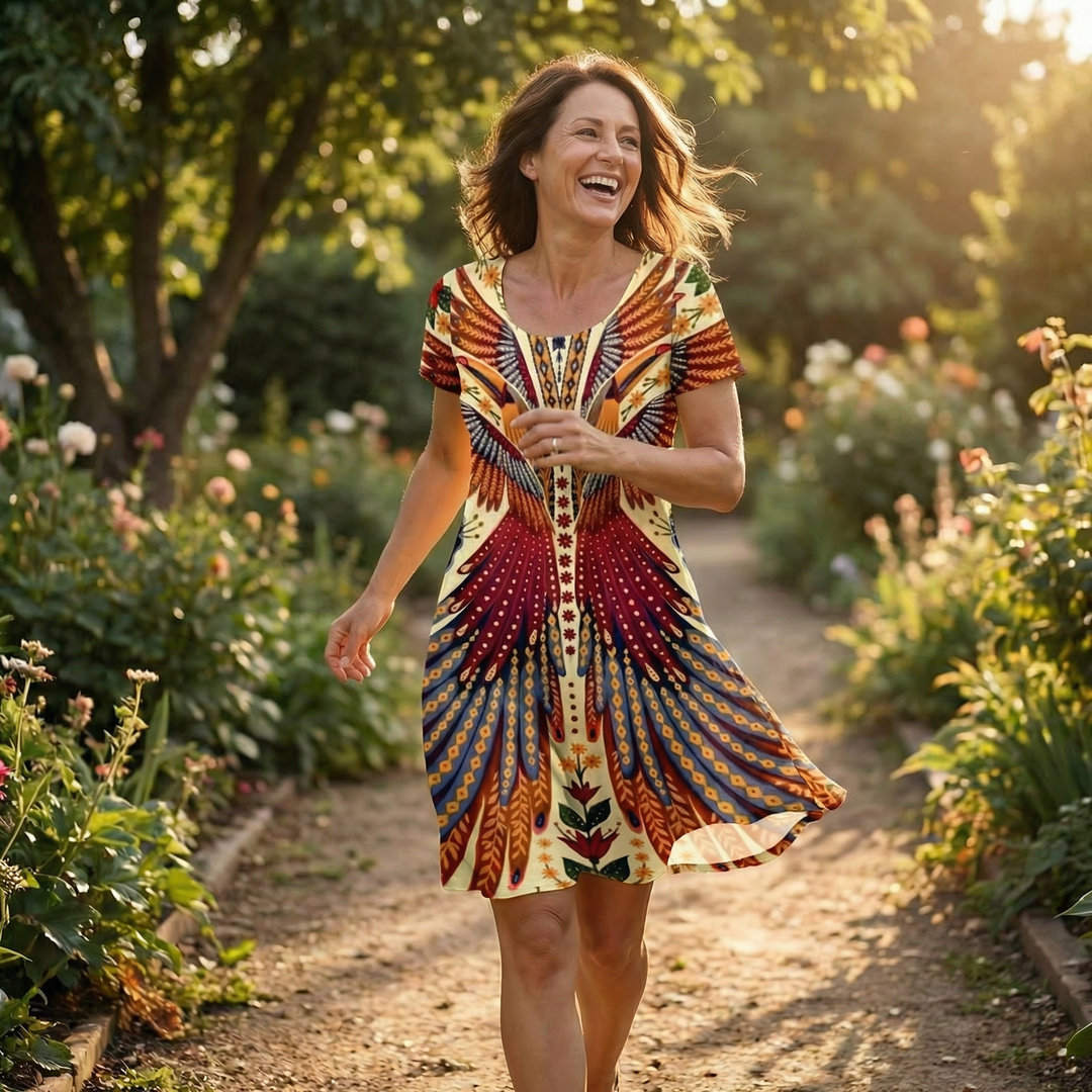 Vivara™ – Bold Peacock Wingspan Summer Dress