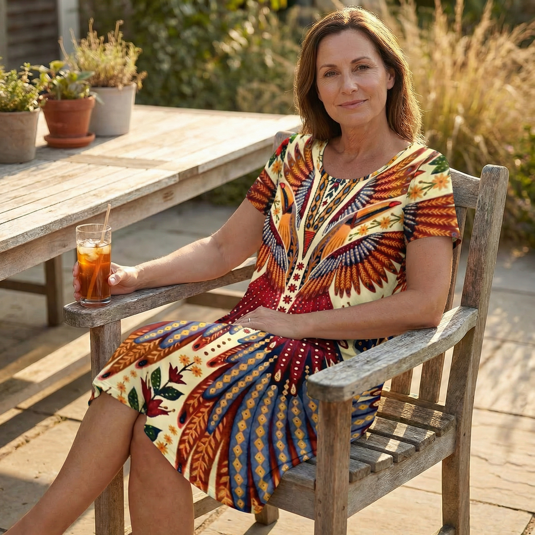 Vivara™ – Bold Peacock Wingspan Summer Dress