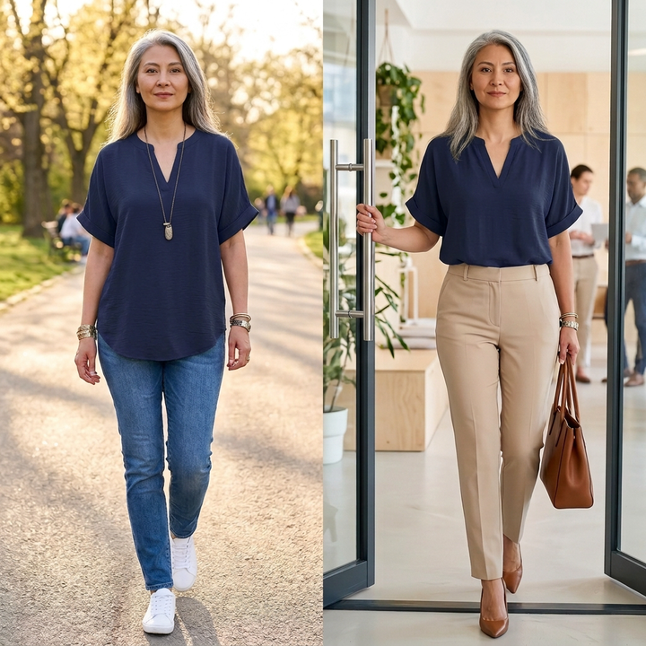 Wovena™ – Breezy V Neck Blouse with Curved Hem
