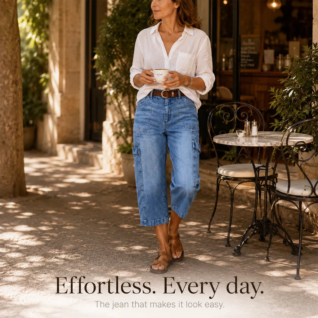 Mayfield – Cropped Barrel Denim look Capris with Cargo Pockets, Stretch Fit