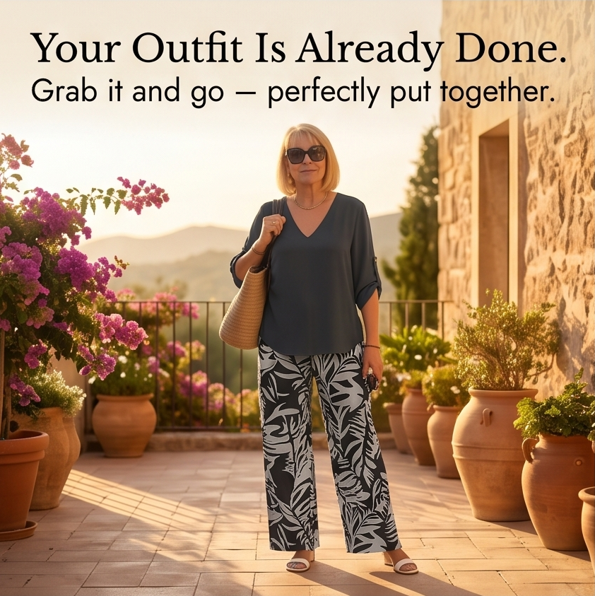 Lark & Palm™ – V-Neck Top & Leaf-Print Wide-Leg Pants Set