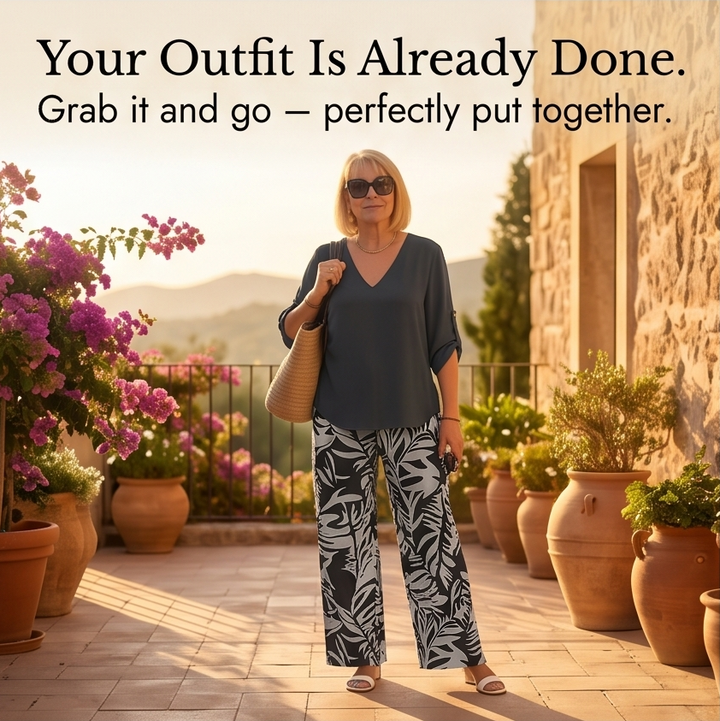 Lark & Palm™ – V-Neck Top & Leaf-Print Wide-Leg Pants Set