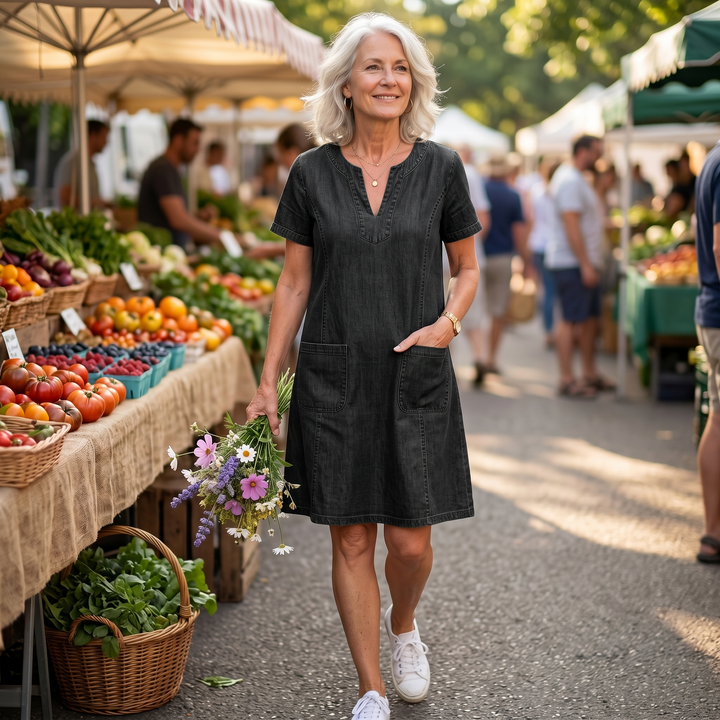 Aurelene™ – V-Neck Denim Dress with Pockets
