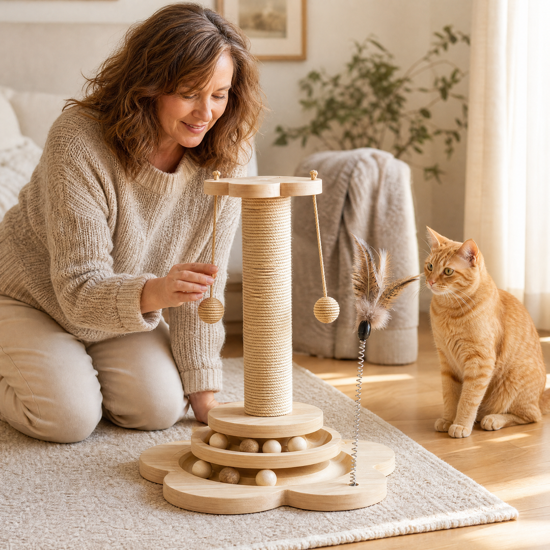 Purrch™ – 3-in-1 Sisal Scratching Post with Ball Track and Feather Wand