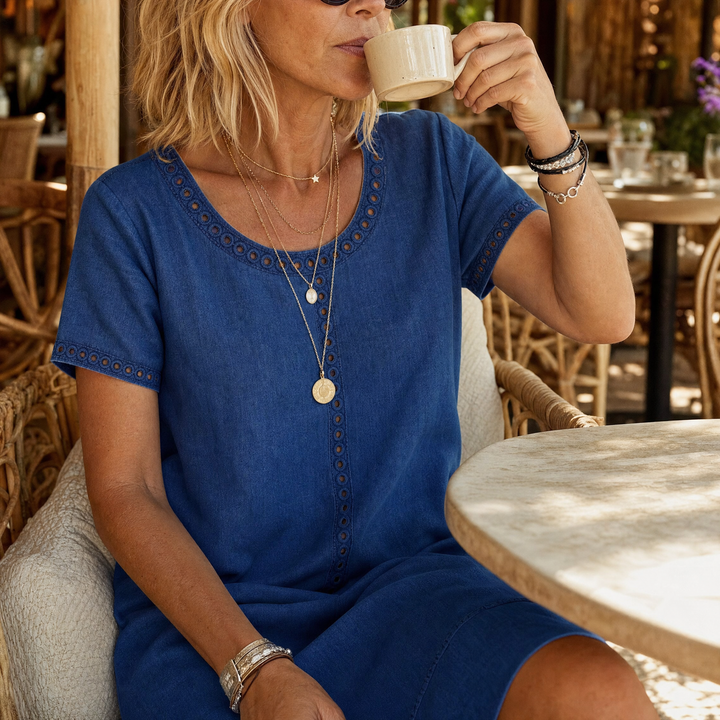 Lunavia - Women's Eyelet Trim Linen Midi Dress