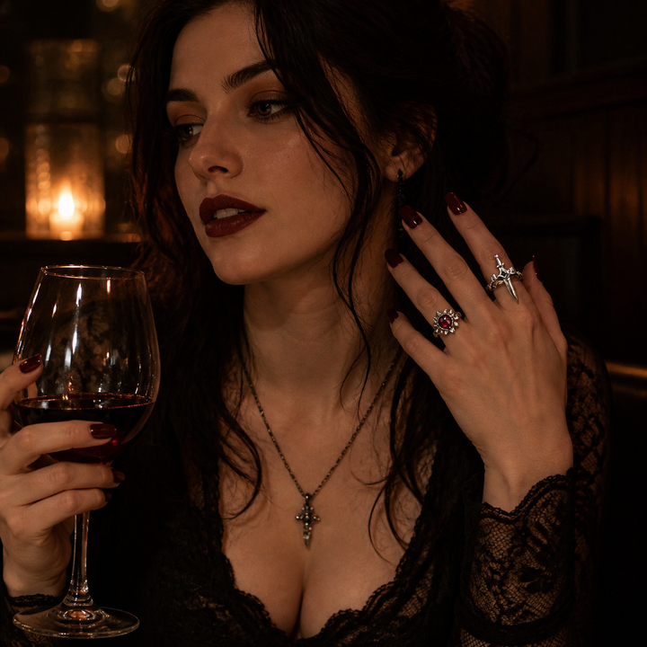 Noctelle™ Pierced Heart Ring Set with Garnet Stone