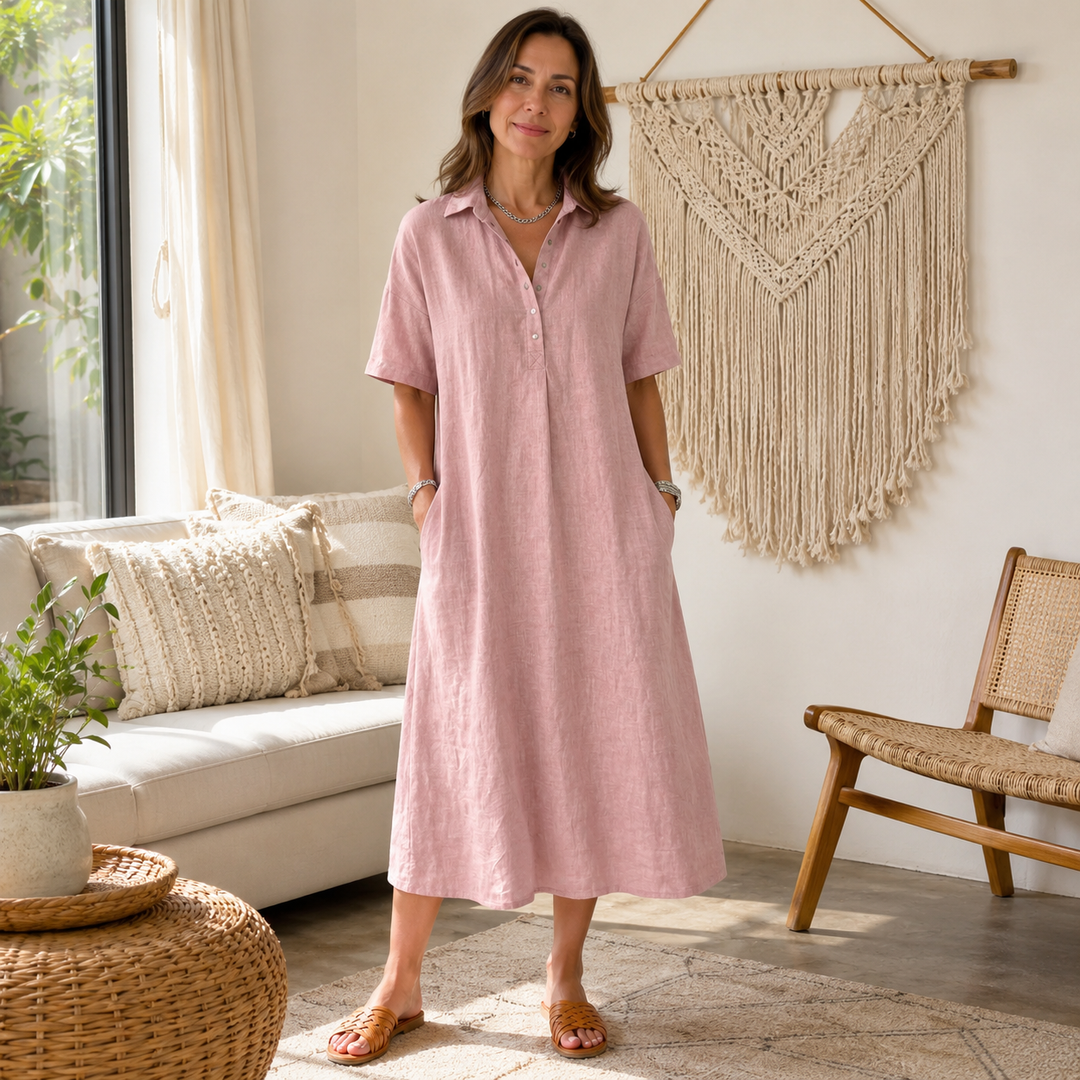 Lunavia™ – Linen Polo Midi Dress for Easy Everyday Style