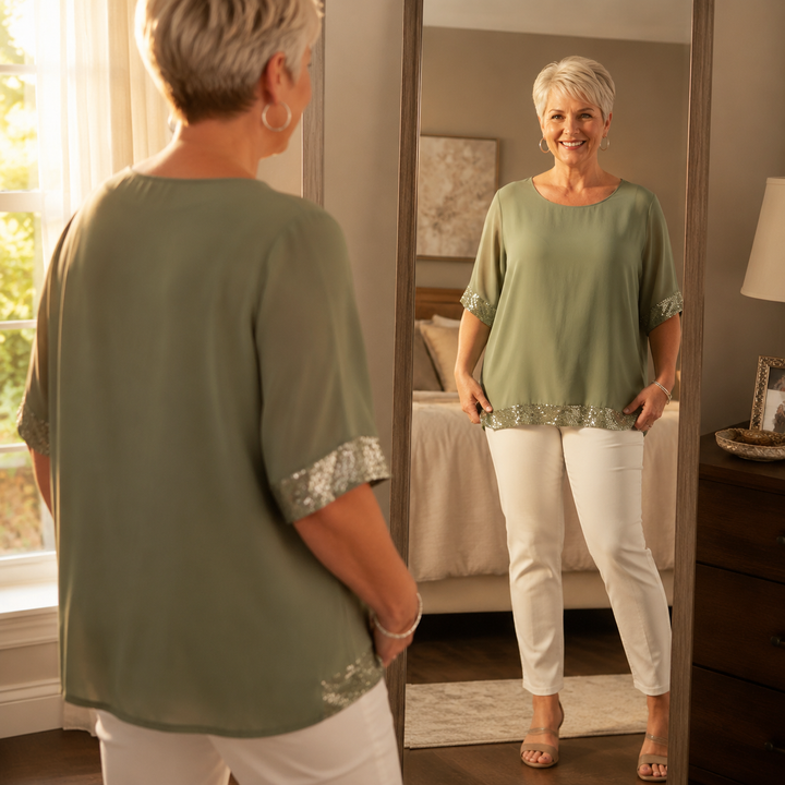 Lunara™ – Sequin Trim Layered Chiffon Top