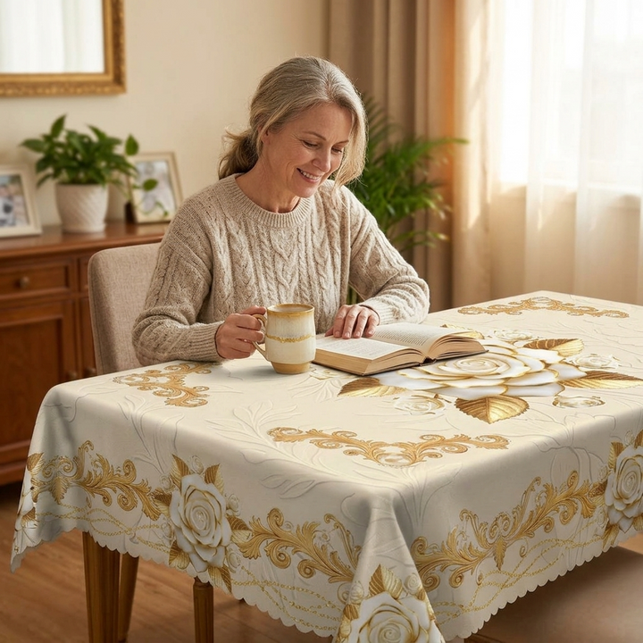 Rosalina™ – Embossed Gold Rose Waterproof Tablecloth