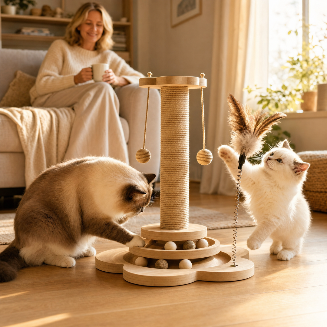 Purrch™ – 3-in-1 Sisal Scratching Post with Ball Track and Feather Wand