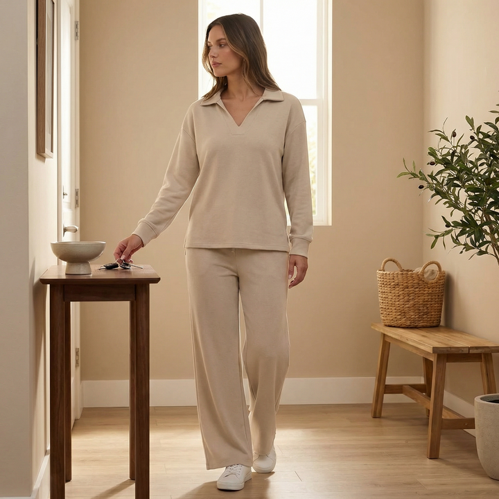 Veluna™ – Soft V-Neck Lounge Set with Wide Leg Pants