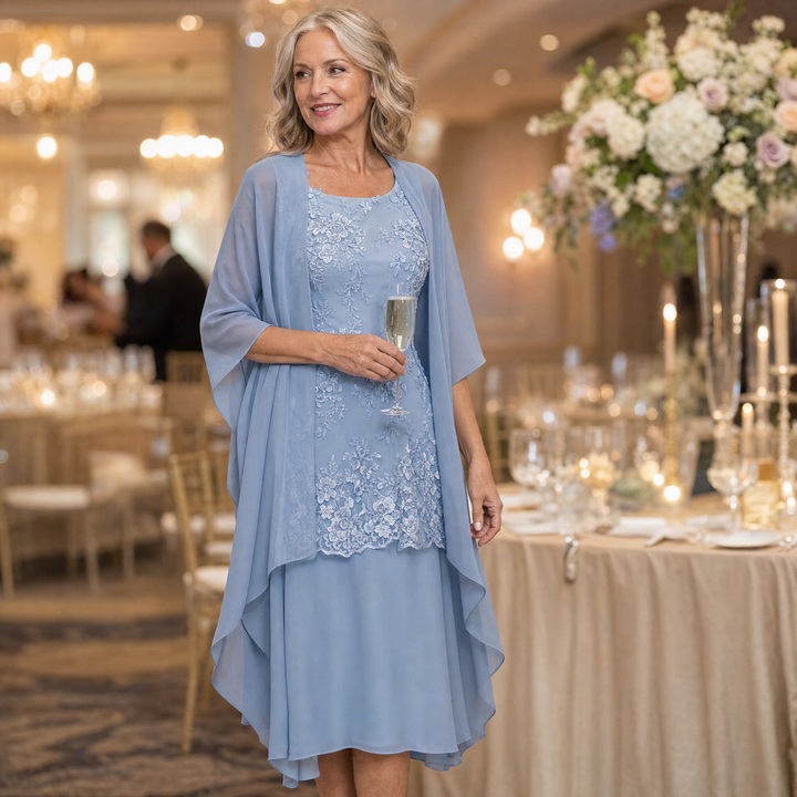 Lunavia - Women's Floral Lace Dress Set with Chiffon Shawl