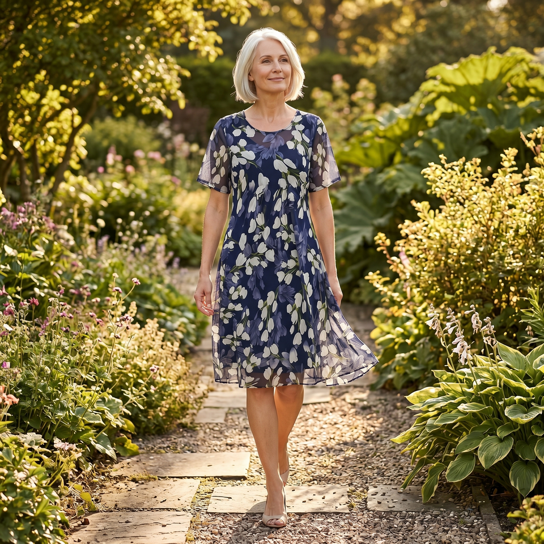 Florenza™ – Elegant Navy Floral Midi Dress