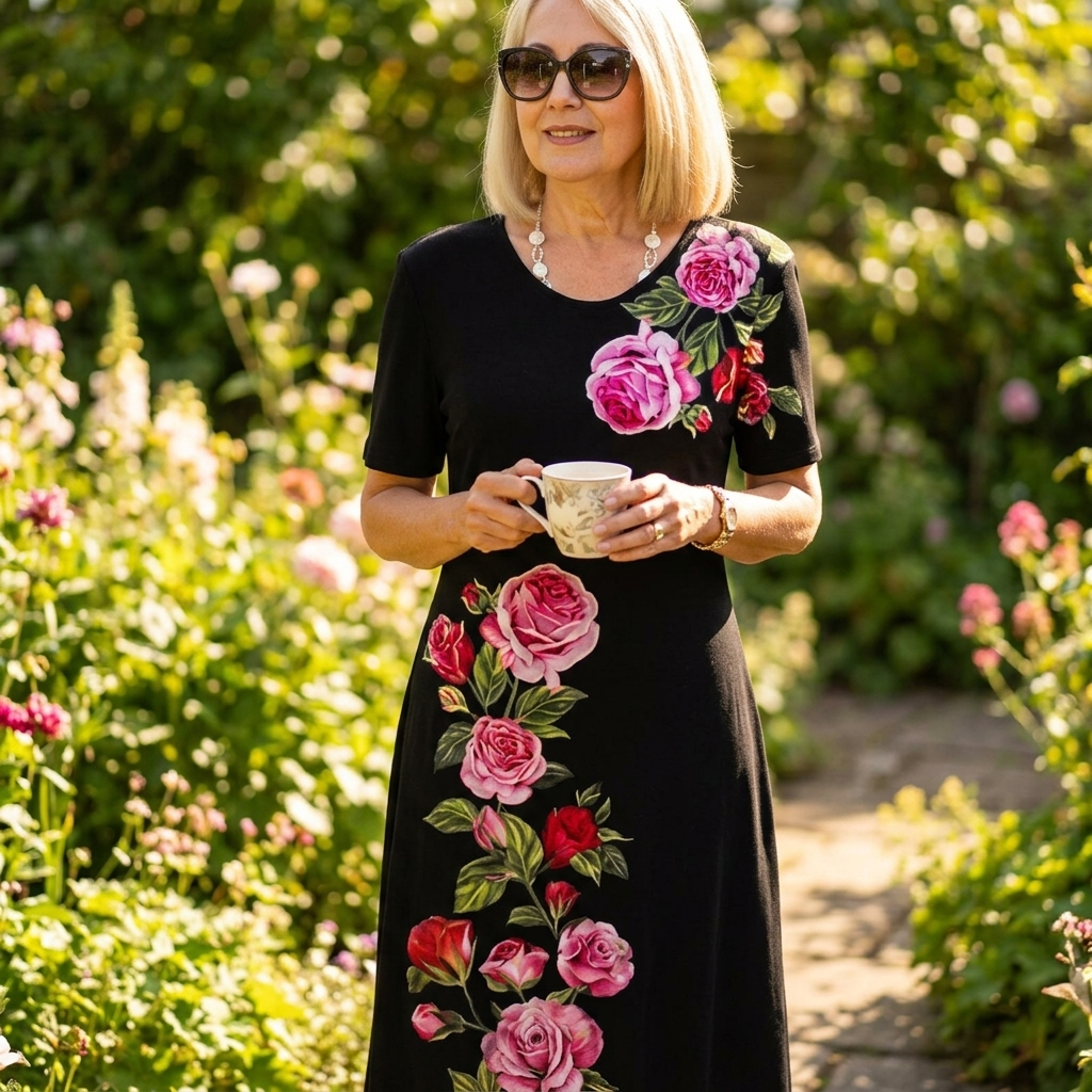 Rosalia™ – Elegant Rose Print A Line Dress