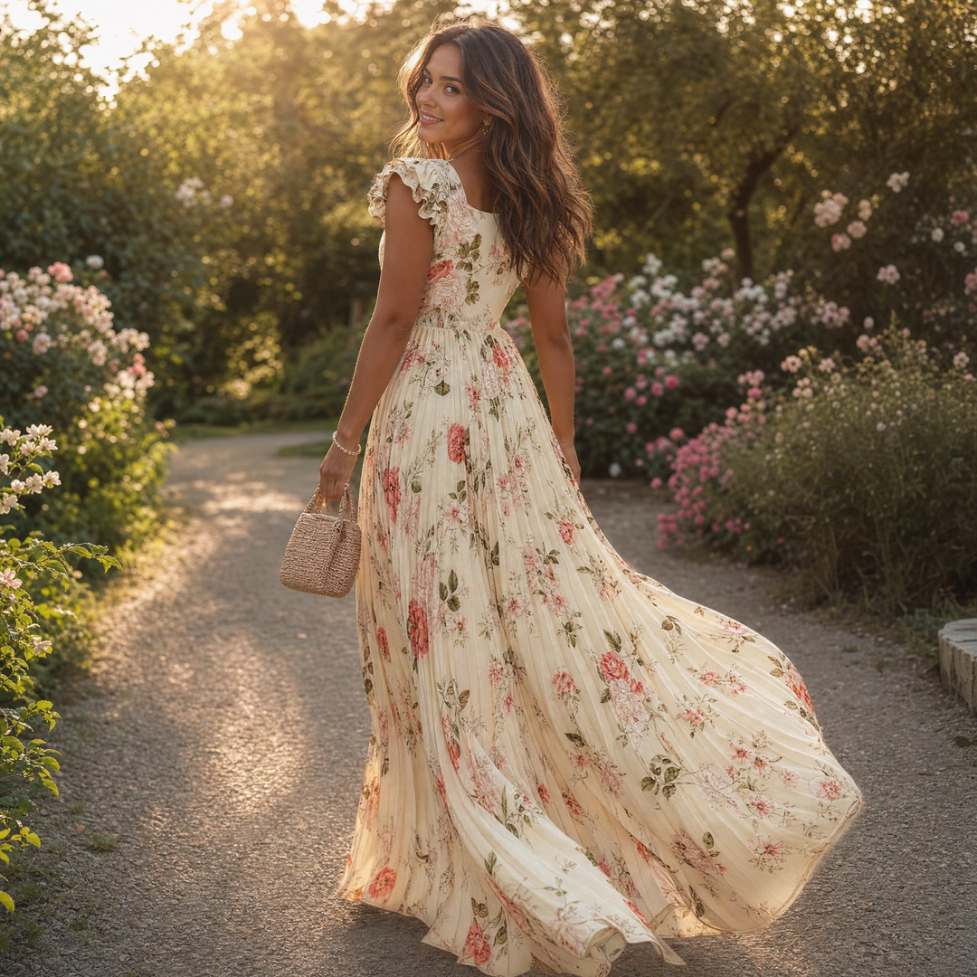 Florelle - Women's Square-Neck Floral Pleated Maxi Dress