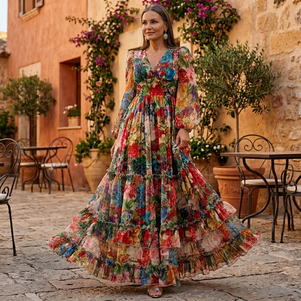 Floressa™ – Tiered Floral Maxi Dress with Lantern Sleeves