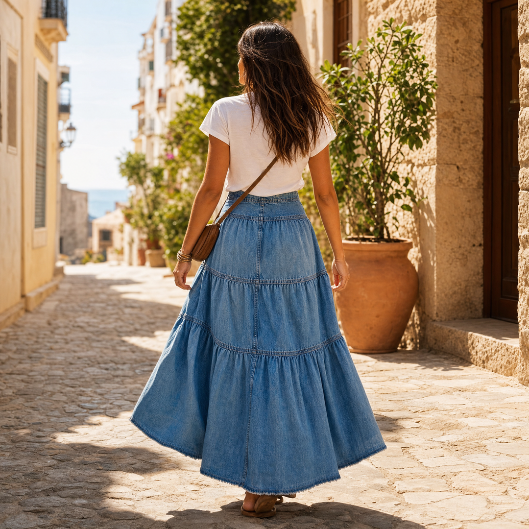 Soléra - Women's Soft Button-Front Denim Maxi Skirt