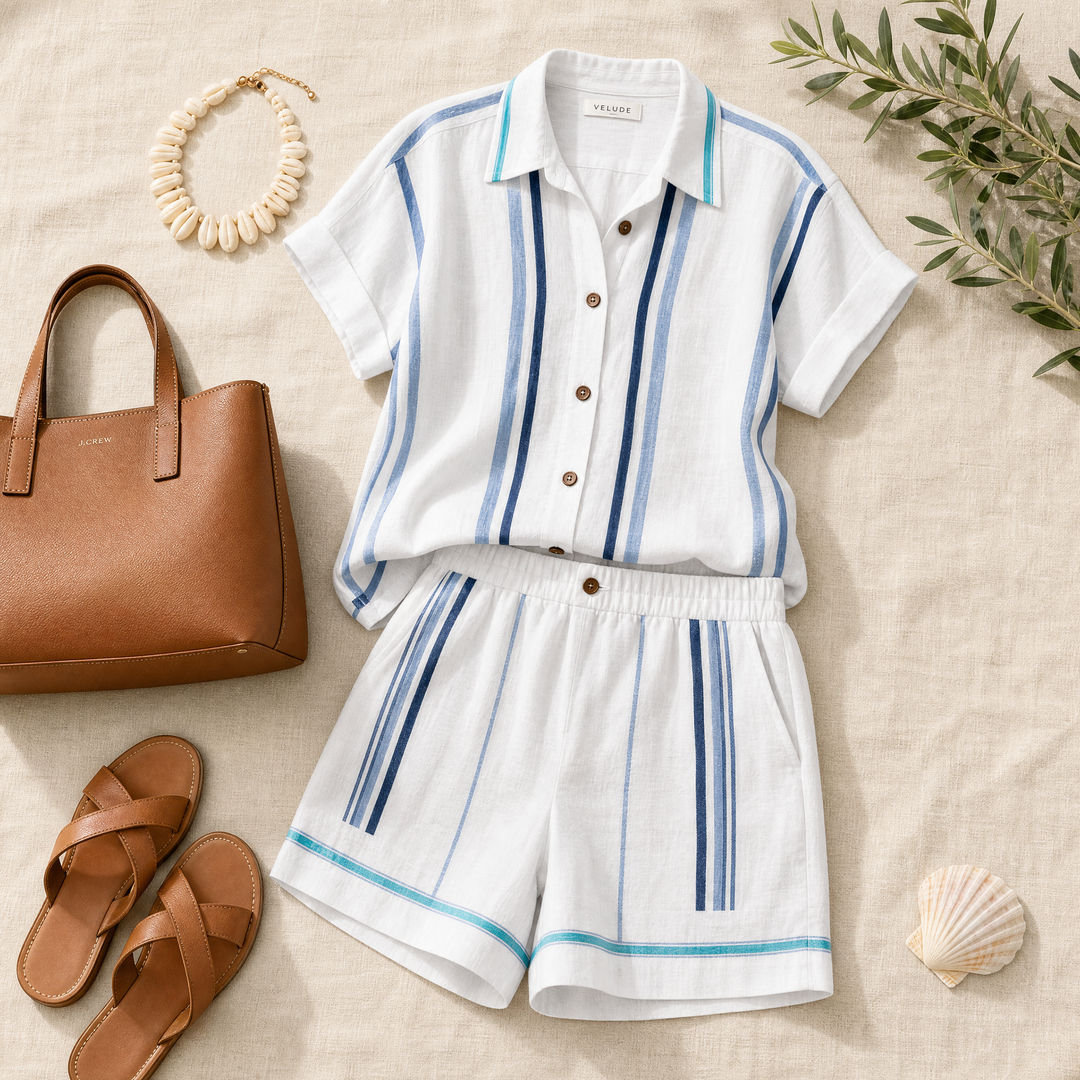 Tara - Women's Coastal Striped Shirt and Shorts Set