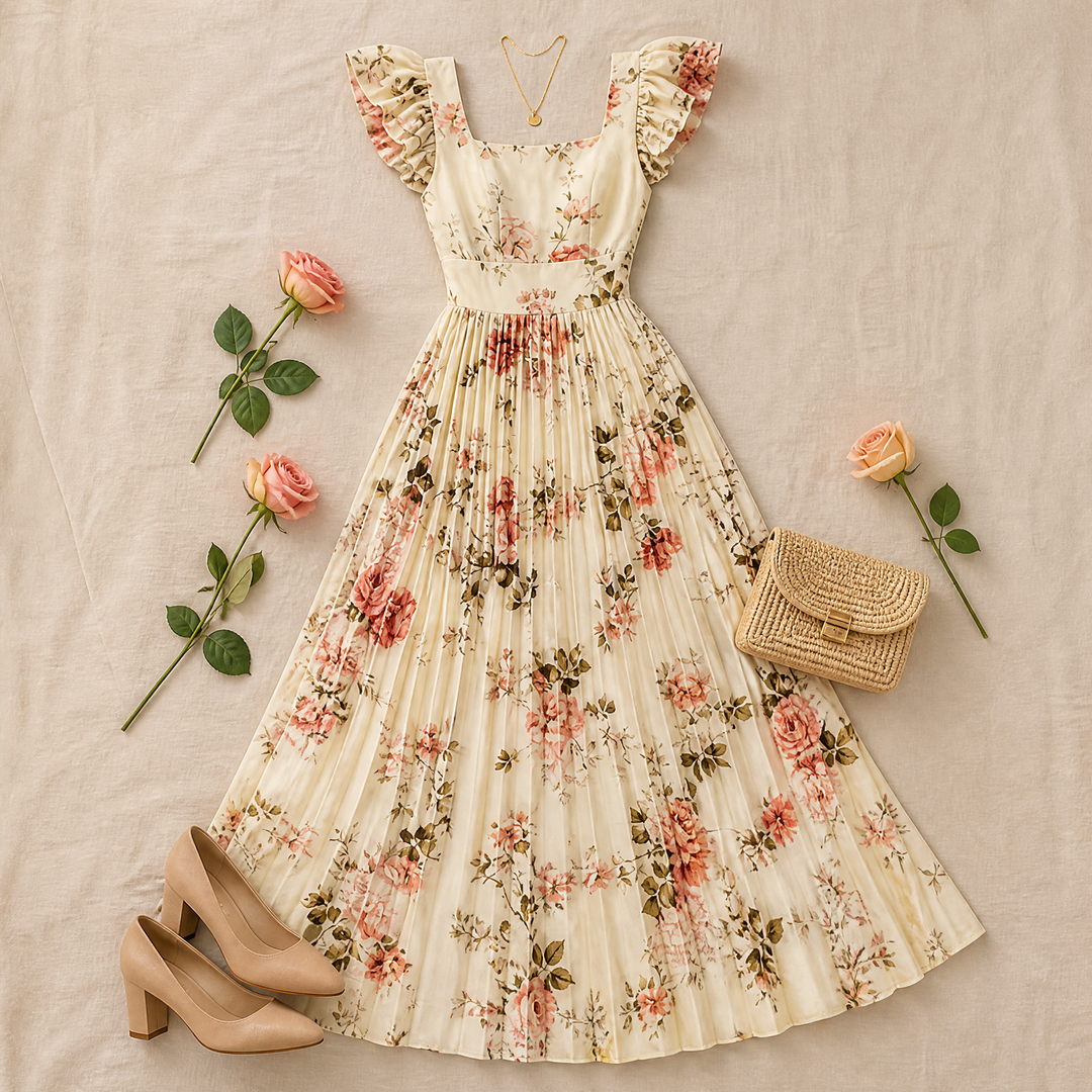 Florelle - Women's Square-Neck Floral Pleated Maxi Dress