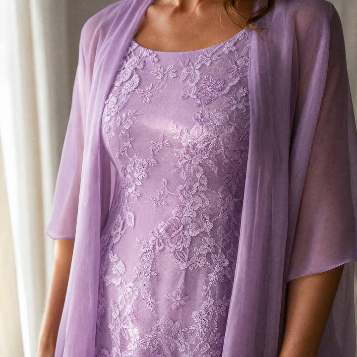 Lunavia - Women's Floral Lace Dress Set with Chiffon Shawl