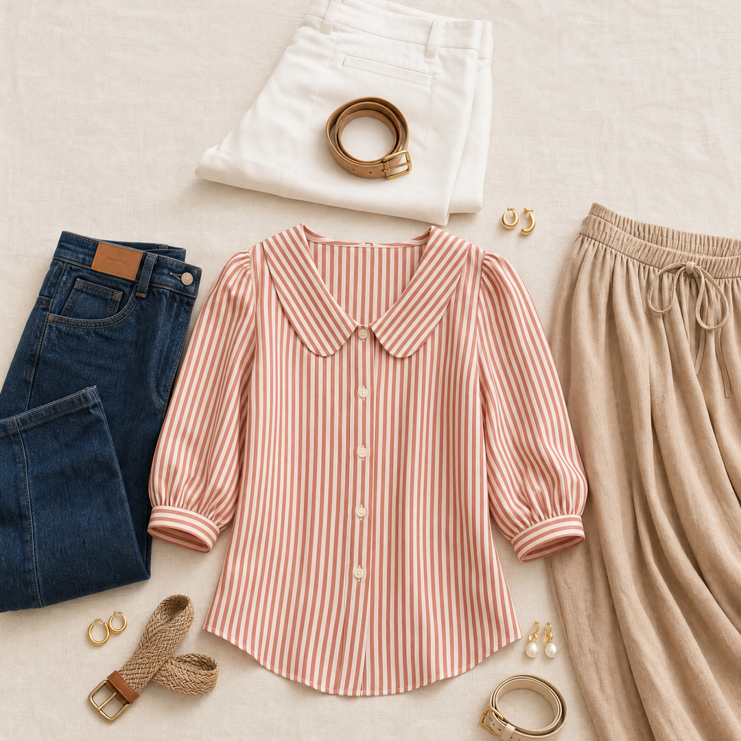 Solène™ Striped Sailor Collar Blouse with Puff Sleeves