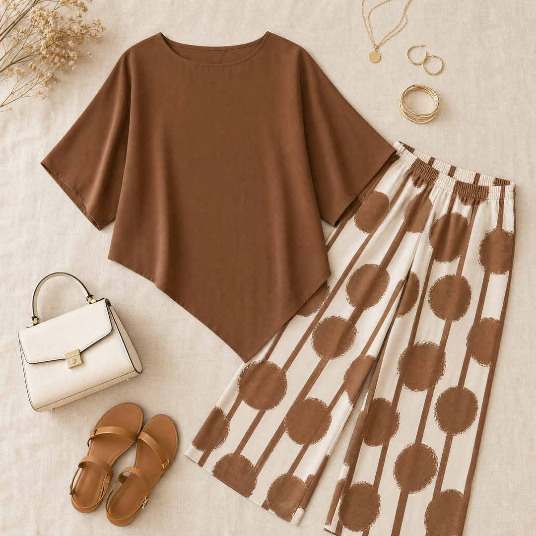 Luna™ – Asymmetric Drape 2-Piece Set with Wide-Leg Print Pants