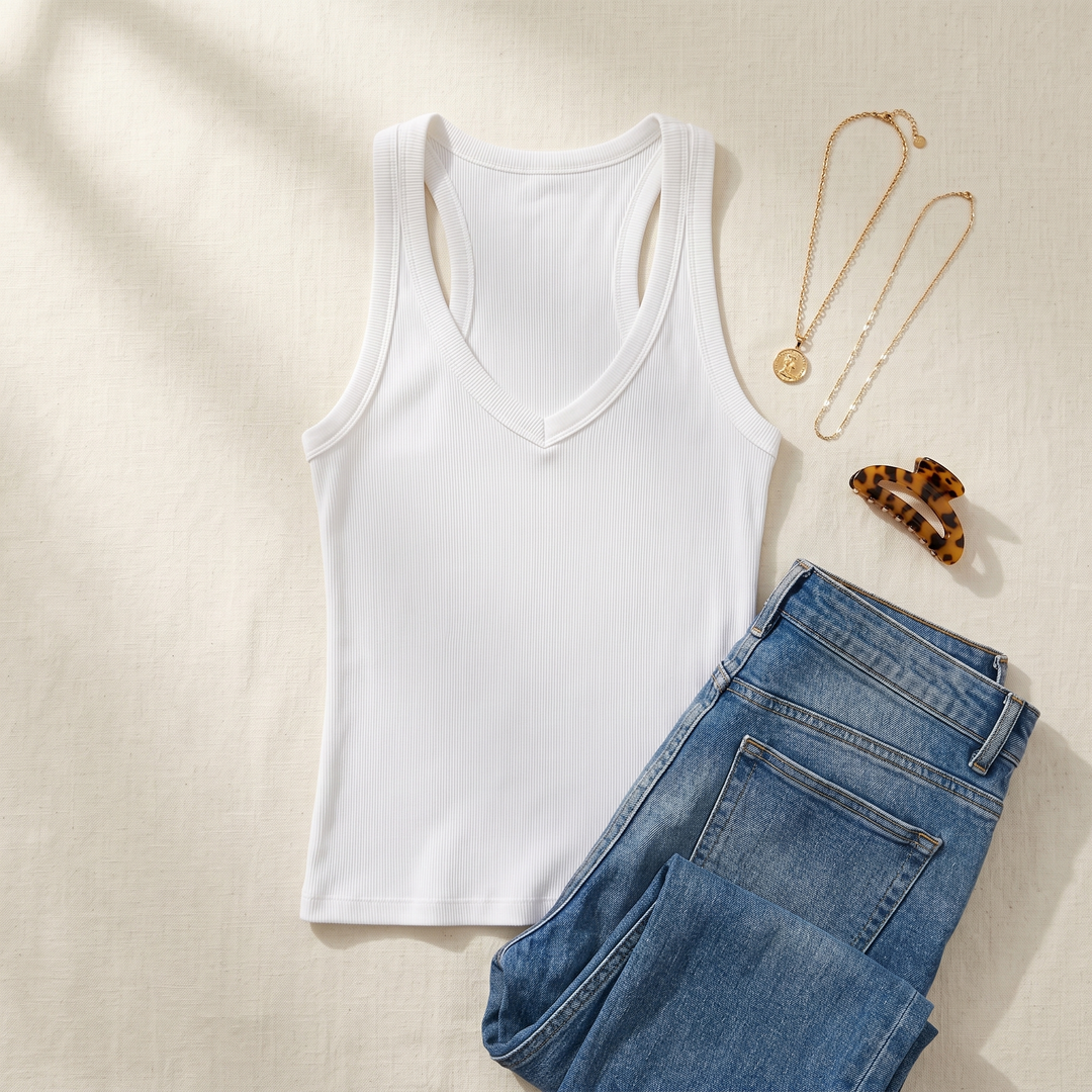 Lunella™ Ribbed V-Neck Tank with Built-In Bra