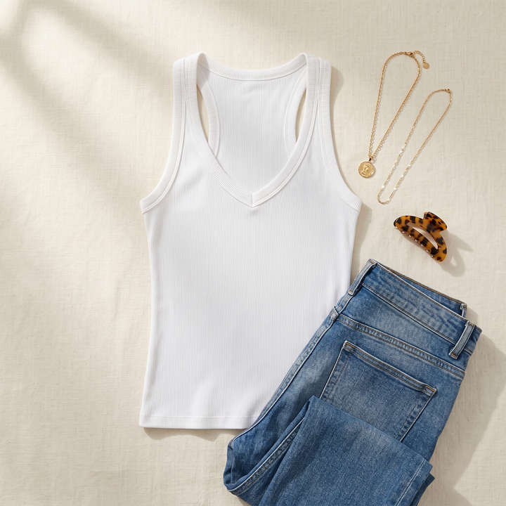 Lunella™ Ribbed V-Neck Tank with Built-In Bra