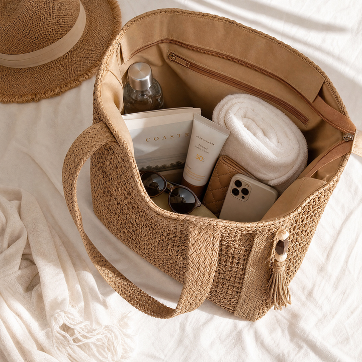 Solenne™ – Handwoven Straw Tote with Zip Lining