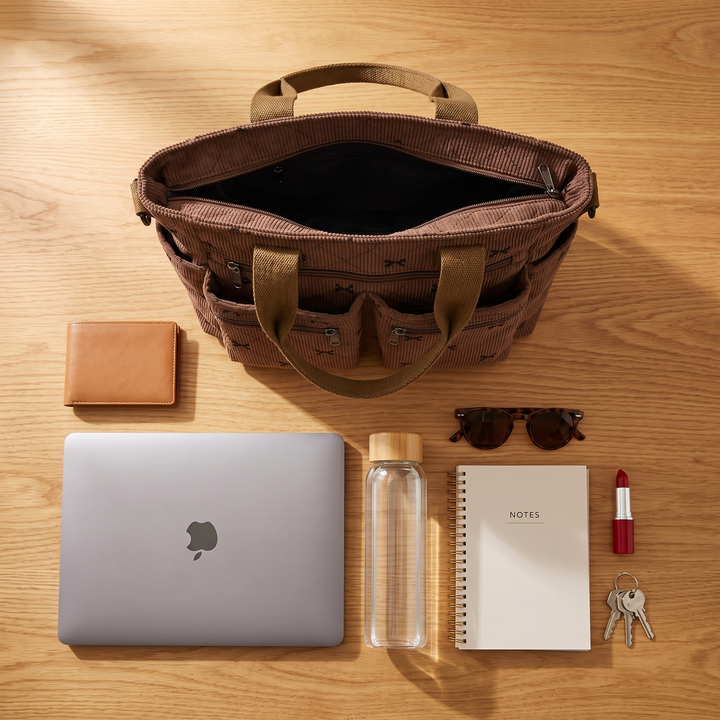 Bowette™ - Corduroy Bow-Print Tote with Laptop Pocket