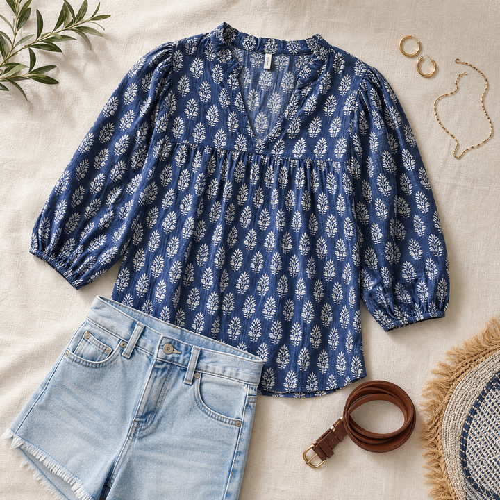 Marivell™ – Block-Print V-Neck Summer Blouse