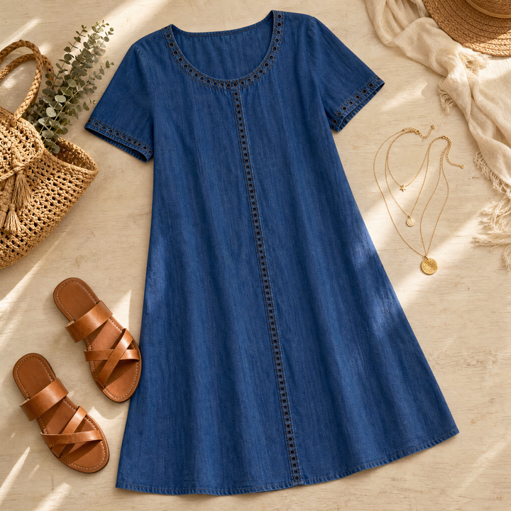 Lunavia - Women's Eyelet Trim Linen Midi Dress