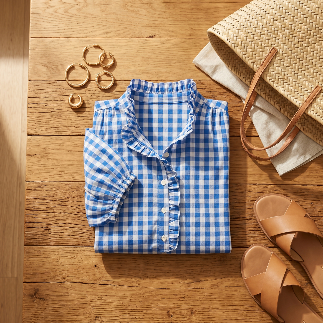 Brindle™ Puff Sleeve Gingham Top with Ruffle Placket