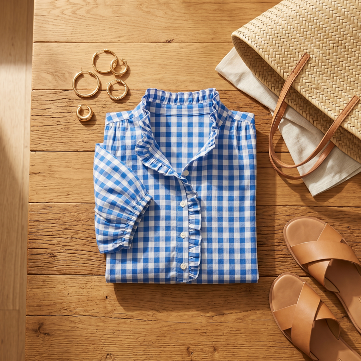 Brindle™ Puff Sleeve Gingham Top with Ruffle Placket
