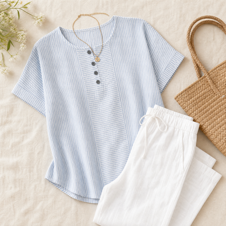 Lunavia™ – Striped Henley Top with Slimming Stripe Panel