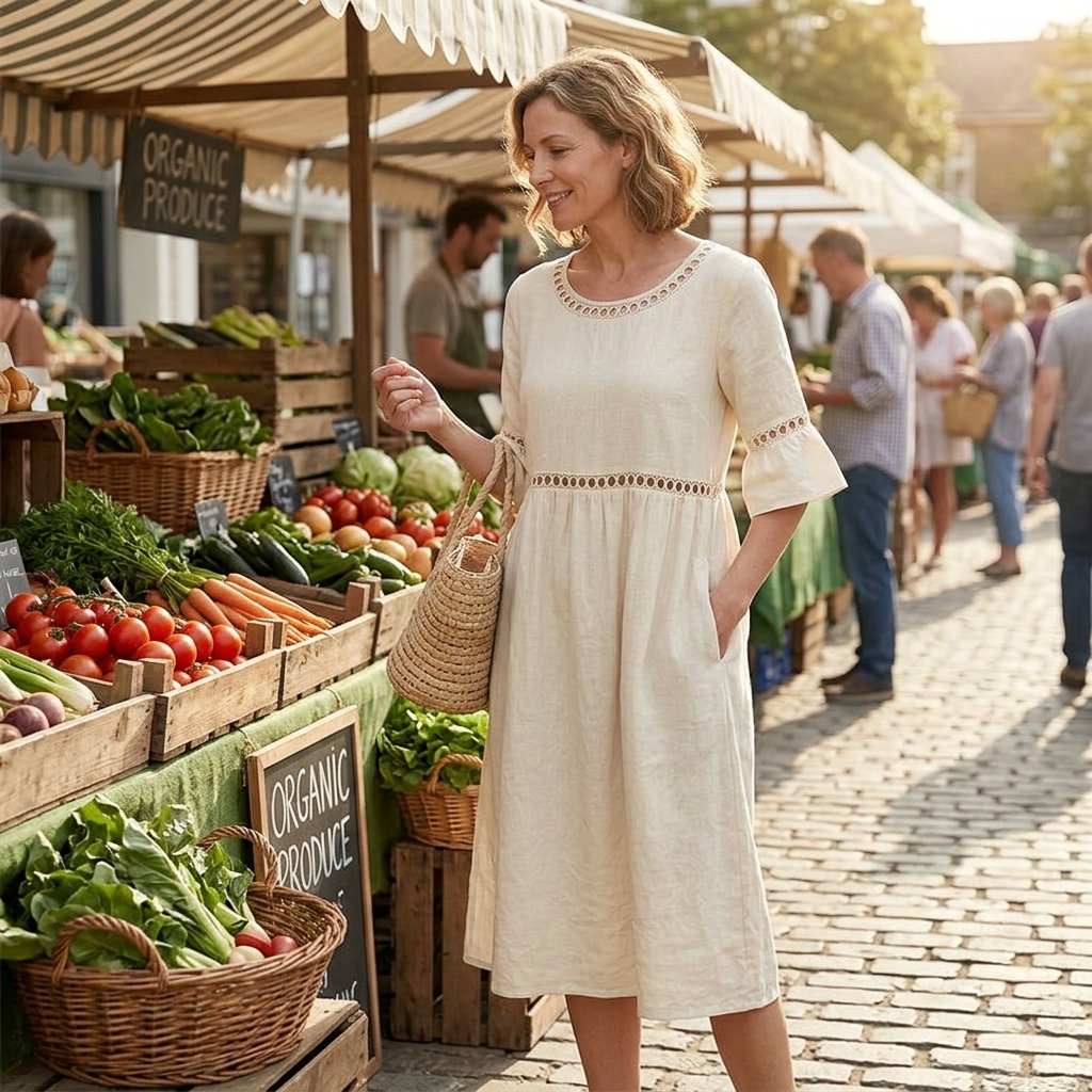 Solenne™ – Breathable Cotton Linen Lace Midi Dress