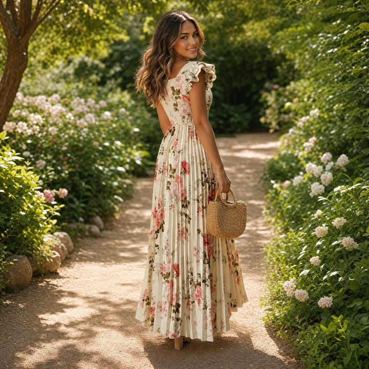 Florelle - Women's Square-Neck Floral Pleated Maxi Dress