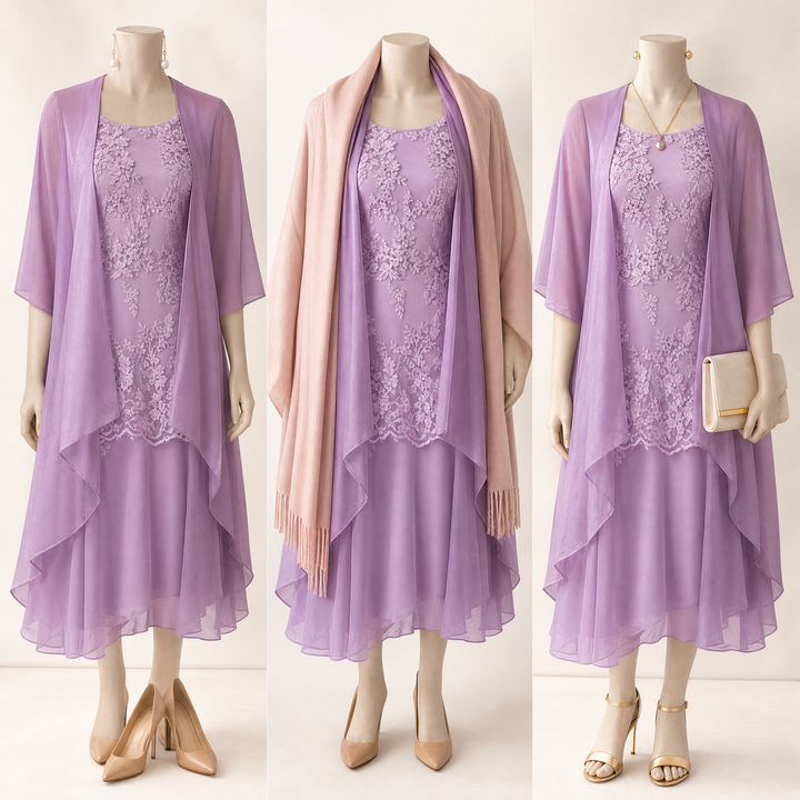 Lunavia - Women's Floral Lace Dress Set with Chiffon Shawl