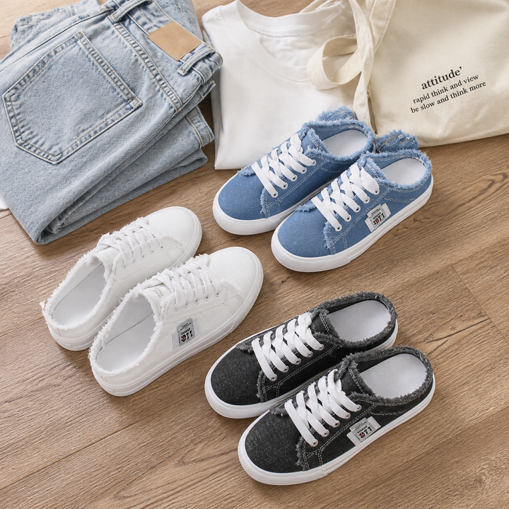 Vellora™ – Frayed Denim Slip-On Sneakers