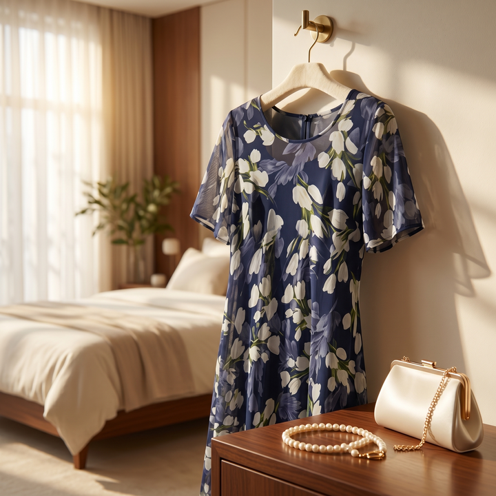 Florenza™ – Elegant Navy Floral Midi Dress