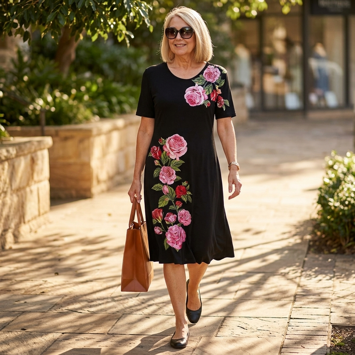 Rosalia™ – Elegant Rose Print A Line Dress